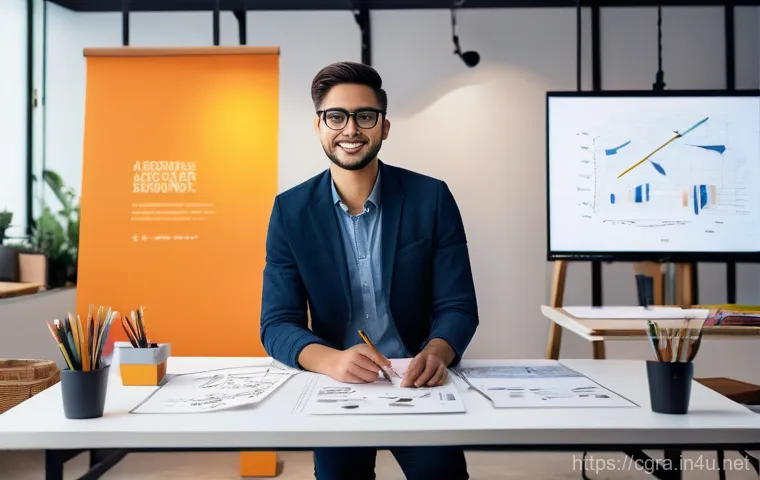 컴퓨터그래픽스운용기능사 자격증 면접 준비법 - **Portfolio Storytelling and Personal Perspective:**
"A confident young graphic designer, wearin...