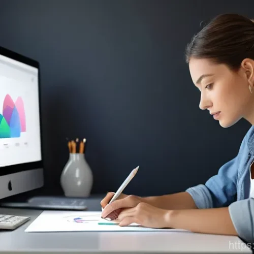 Home 15 컴퓨터그래픽스운용기능사 자격증 취득 후 전문성 강화 방법 - A focused female graphic designer, mid-20s, wearing stylish casual attire, sits at a sleek, minimali...