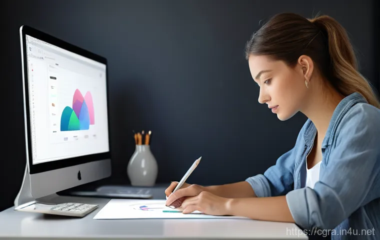 컴퓨터그래픽스운용기능사 자격증 취득 후 전문성 강화 방법 - A focused female graphic designer, mid-20s, wearing stylish casual attire, sits at a sleek, minimali...