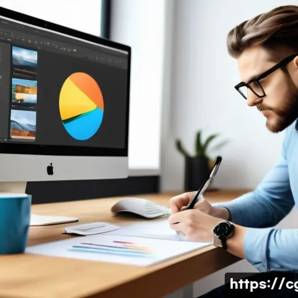 컴퓨터그래픽스운용기능사 자격증 취득 후 커리어 계획 - A professional graphic designer at a modern workstation, skillfully using Photoshop and Illustrator ...