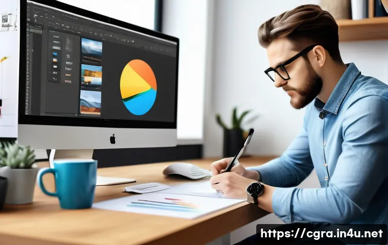 컴퓨터그래픽스운용기능사 자격증 취득 후 커리어 계획 - A professional graphic designer at a modern workstation, skillfully using Photoshop and Illustrator ...