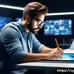 Home 21 컴퓨터그래픽스운용기능사와 관련된 국제 인증 - A professional graphic designer working intensely on a digital tablet in a modern studio, surrounded...