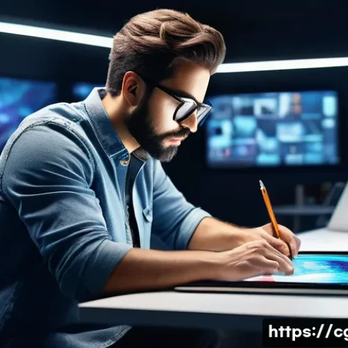 Home 33 컴퓨터그래픽스운용기능사와 관련된 국제 인증 - A professional graphic designer working intensely on a digital tablet in a modern studio, surrounded...