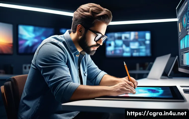 컴퓨터그래픽스운용기능사와 관련된 국제 인증 - A professional graphic designer working intensely on a digital tablet in a modern studio, surrounded...