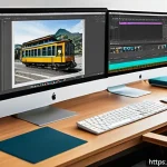 Home 20 컴퓨터그래픽스운용기능사 실기 예상문제 - A detailed workspace scene showing a modern computer desk with dual monitors displaying Adobe Photos...