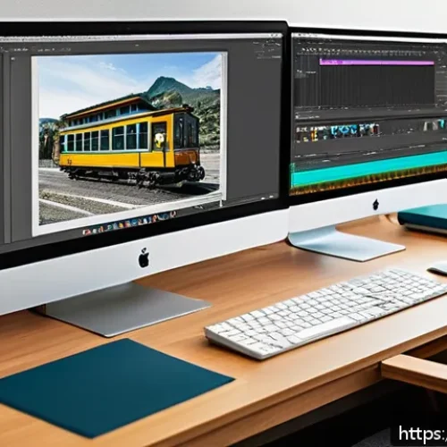 Home 32 컴퓨터그래픽스운용기능사 실기 예상문제 - A detailed workspace scene showing a modern computer desk with dual monitors displaying Adobe Photos...