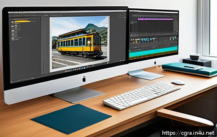 컴퓨터그래픽스운용기능사 실기 예상문제 - A detailed workspace scene showing a modern computer desk with dual monitors displaying Adobe Photos...