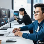 Home 19 컴퓨터그래픽스운용기능사 자격증을 활용한 네트워킹 기회 - A modern workspace scene showing a young professional graphic designer actively working on a digital...