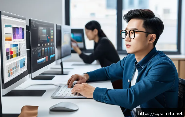 컴퓨터그래픽스운용기능사 자격증을 활용한 네트워킹 기회 - A modern workspace scene showing a young professional graphic designer actively working on a digital...