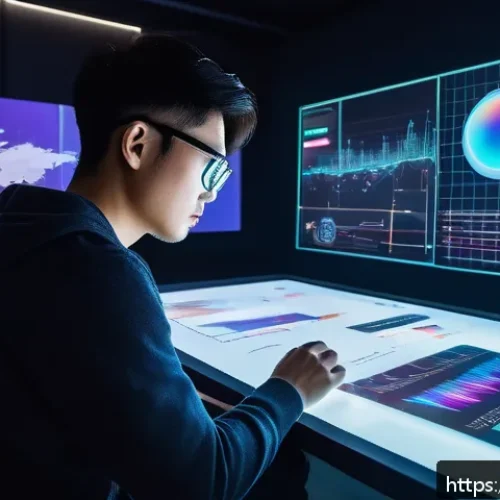 Home 30 컴퓨터그래픽스운용기능사와 데이터 시각화의 융합 - A futuristic digital design studio showcasing a designer working on a large transparent touchscreen ...