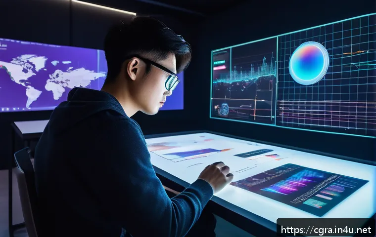 컴퓨터그래픽스운용기능사와 데이터 시각화의 융합 - A futuristic digital design studio showcasing a designer working on a large transparent touchscreen ...