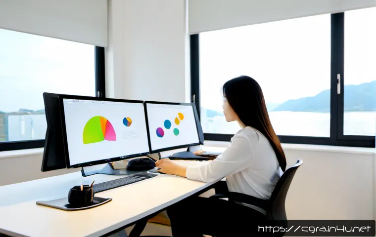 Home 17 컴퓨터그래픽스운용기능사 취업 후기 - Photorealistic career success scene, a young adult graphic design technician sitting confidently at ...