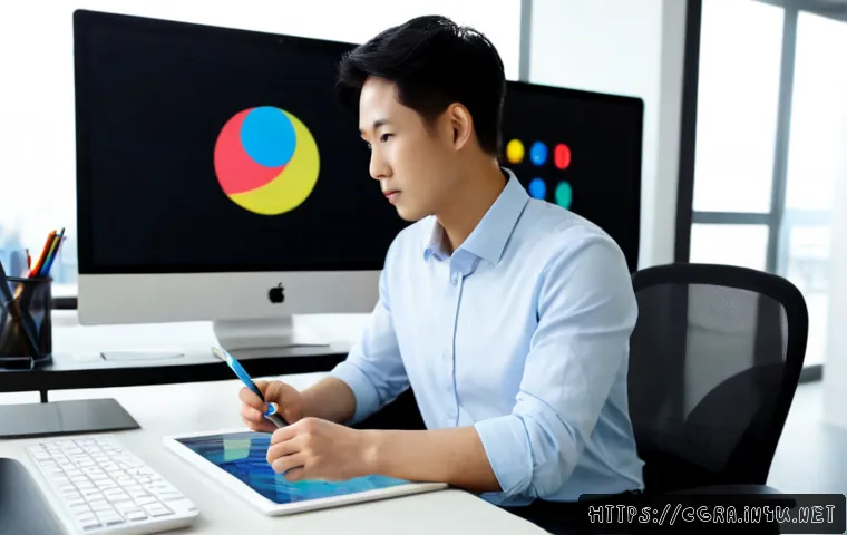 컴퓨터그래픽스운용기능사 취업 가능 직군 - Photorealistic modern design studio, young professional computer graphics artist wearing smart casua...